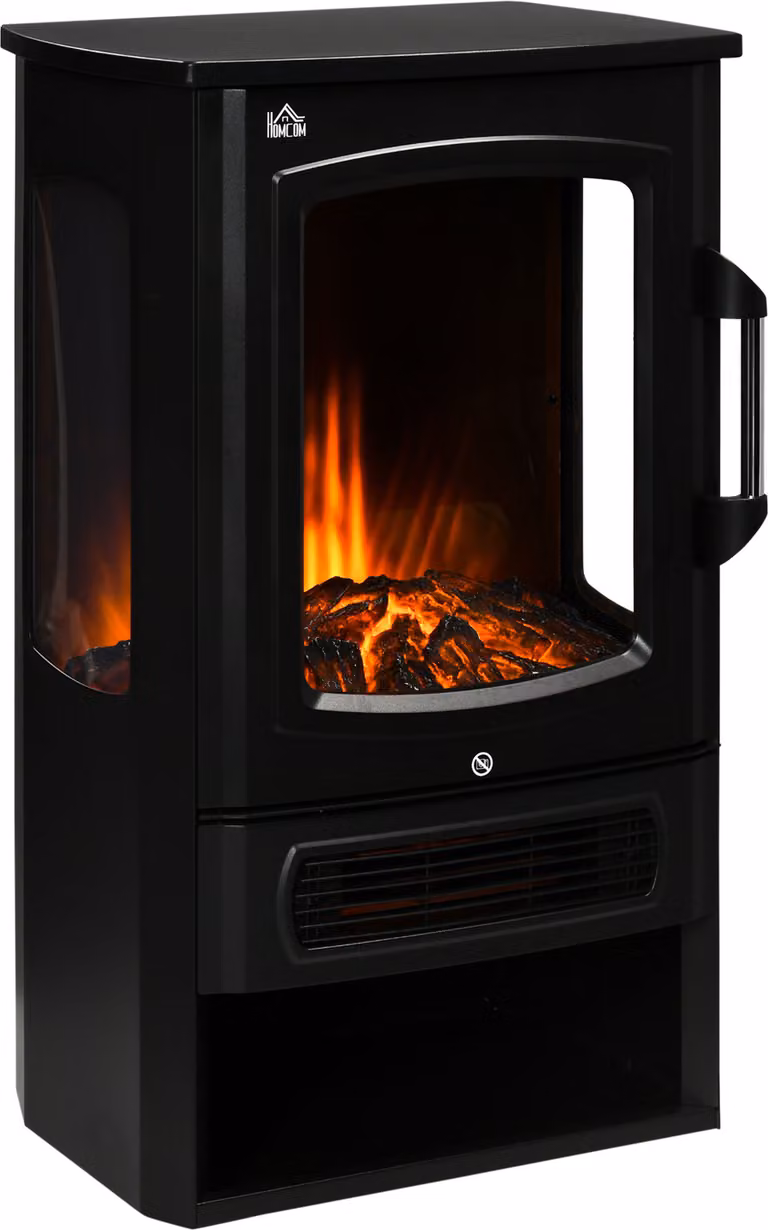 HOMCOM Caminetto elettrico a LED Stufa a legna con effetto fiamma 1000/2000W Riscaldamento interno Termoventilatore Finestra panoramica Caminetto elettrico con riscaldamento 2 livelli di riscaldamento Acciaio Nero 44,5 x 32 x 74 cm