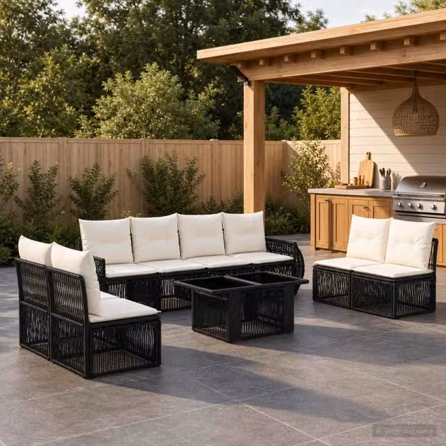 Set Divano da Giardino 9 pz Nero e Bianco Crema polyrattan 3436930
