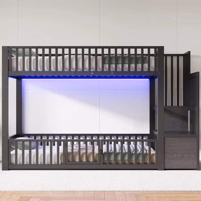 Letto a castello 90×200 cm, letto 2 posti con LED, scala con contenitore, senza materasso, nero