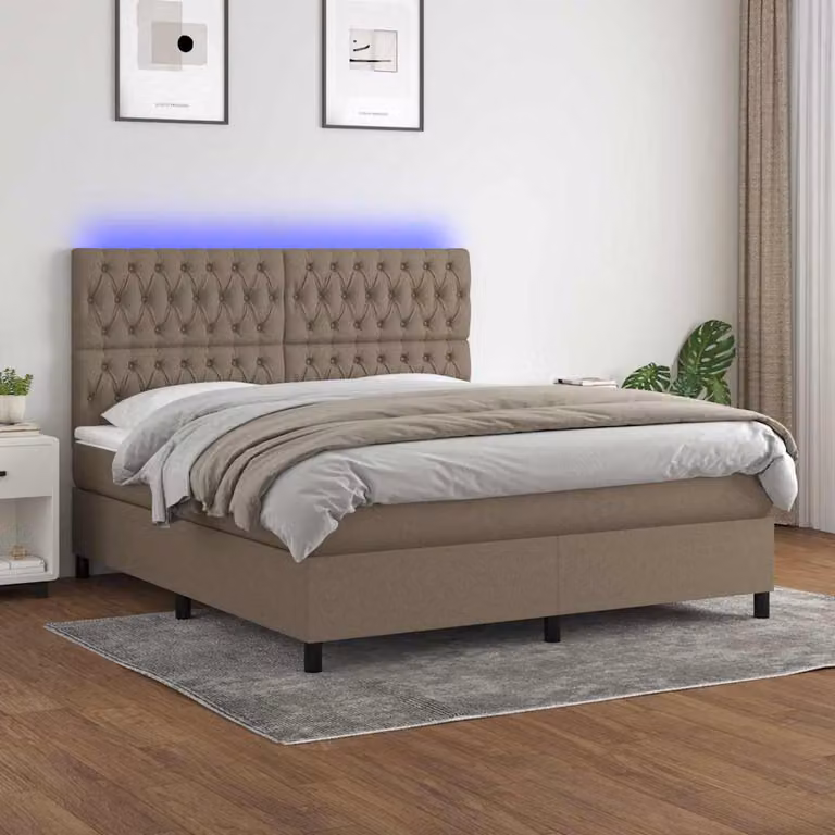 Letto a molle con materasso e illuminazione LED vidaXL, colore tortora, in tessuto e materiali misti, L/P/H: 180 x 200 x 118 cm