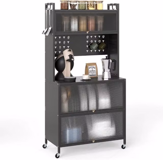 Mobile da cucina rete a 5 ripiani supporto microonde ante a ribalta, Mobile da cucina pannello con ganci Grigio-Credenze buffet