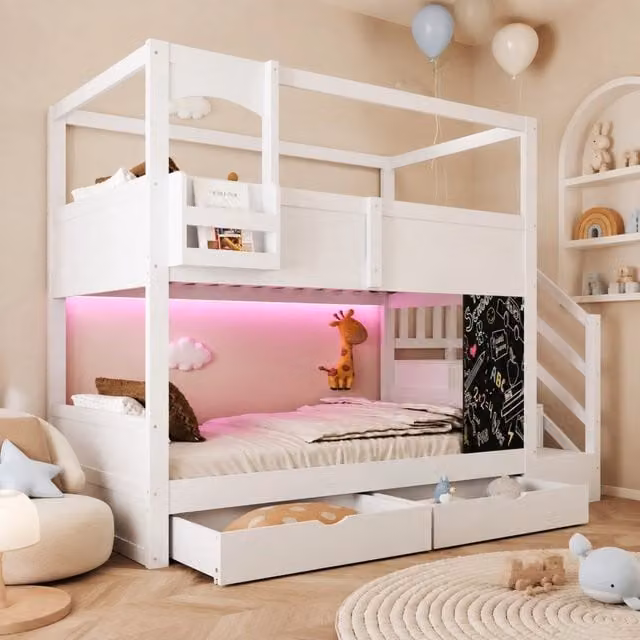 Letto a castello Mivray per bambini in legno bianco con scala contenitore, cassetti, mensola e lavagna, dimensioni 90 x 200 cm