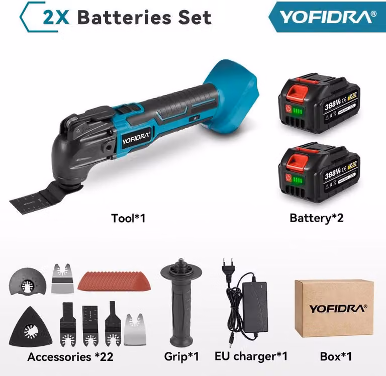 Multitool oscillante - Senza fili - 2 batterie 388VF - 600 W - 6000-20000 OPM - 6 livelli - Cambio rapido in 3 secondi - Set da 22 pezzi - Rosso