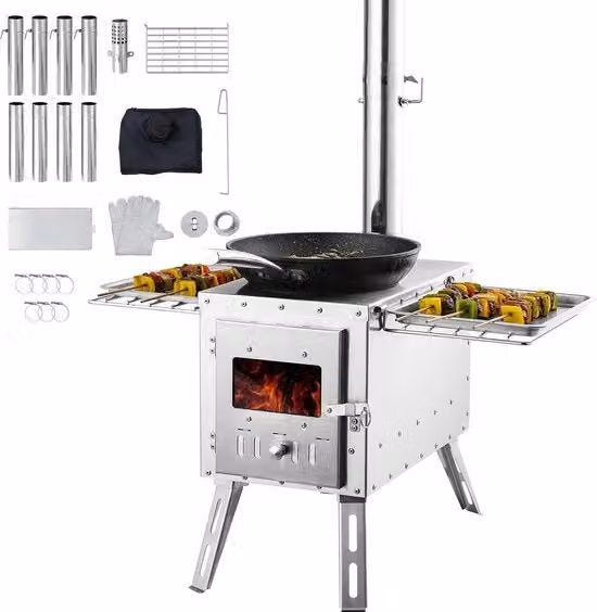 Camping a Gas Stoviglio Portatile - Stufa da Campeggio in Acciaio con Ciminiera e Accessori