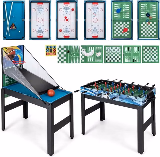Set da tavolo da gioco combo 15-in-1 multicolore in metallo con basket, calcetto, hockey, biliardo, ping pong e bowling