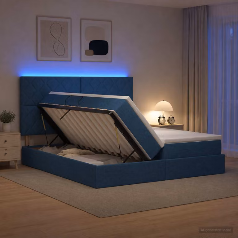 Letto con contenitore e illuminazione LED vidaXL in tessuto blu, L 180 x P 200 x H 204 cm