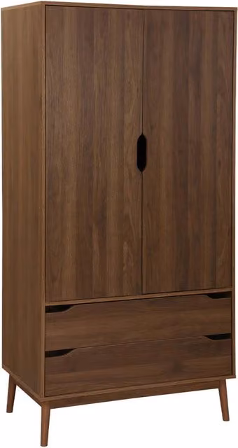 Armadio Sweeek in stile scandinavo con ante a battente e cassetti integrati, finitura legno noce e pino, marrone opaco, H: 180 cm, L: 90 cm, P: 55 cm