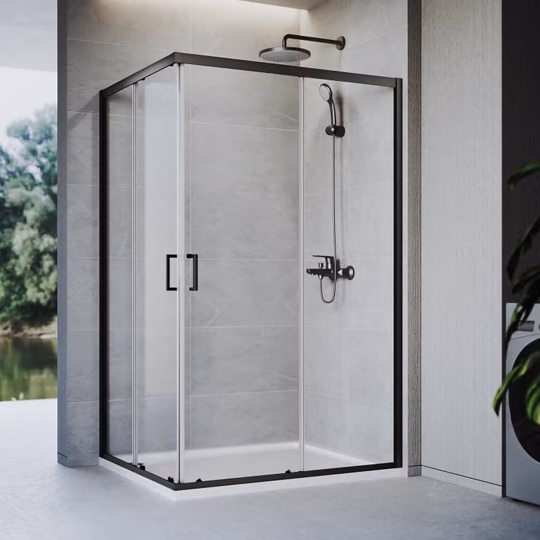 Cabina doccia SONNI 100 x 100 x 185 cm nero opaco, porta scorrevole con binario superiore e inferiore, vetro da 5 mm, telaio della porta con possibilità di regolazione di 20 mm