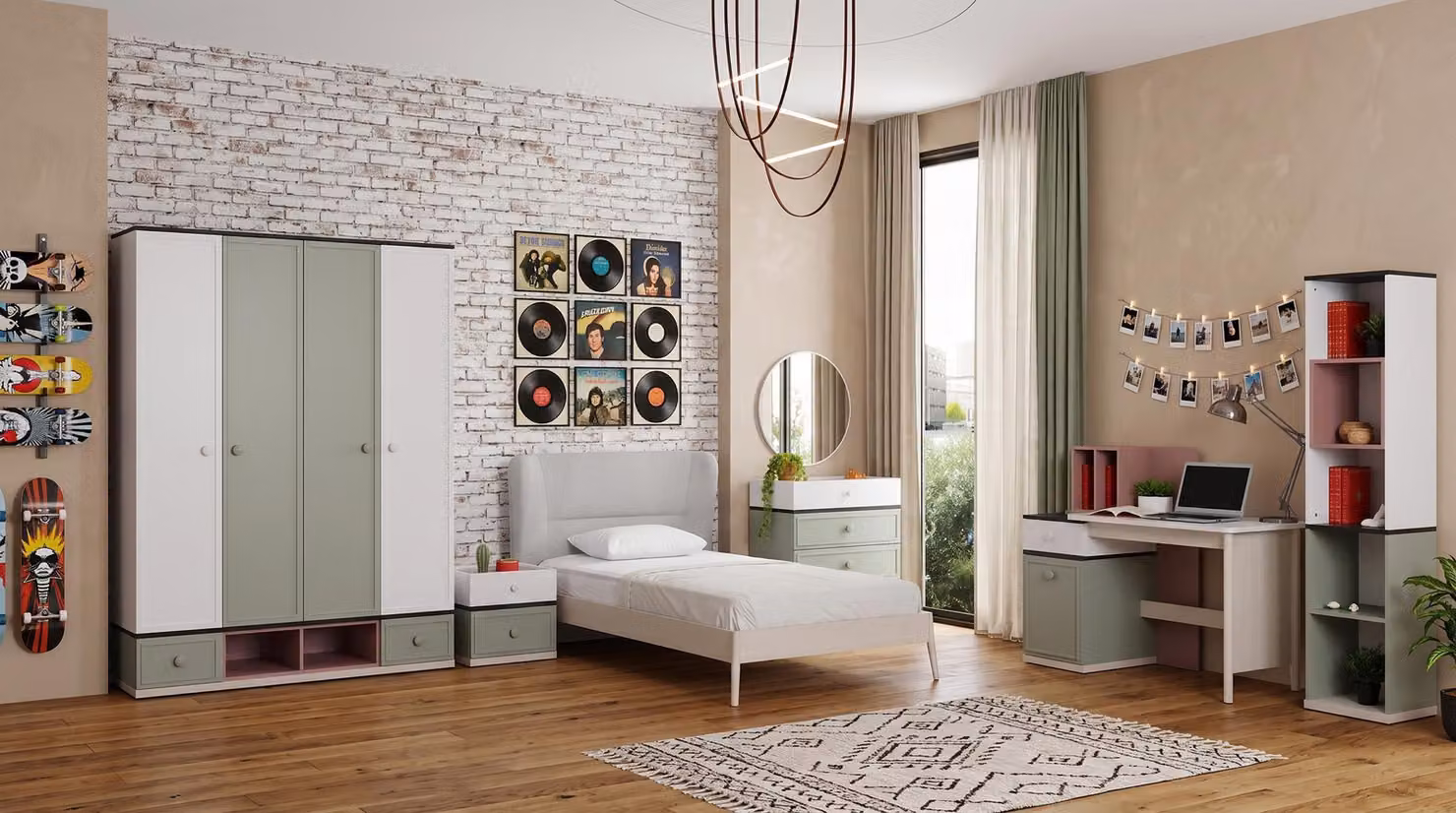Letto, armadio, cassettiera, comodini, scrivania, libreria, tutto in tonalità grigio per una camera da letto per adolescenti