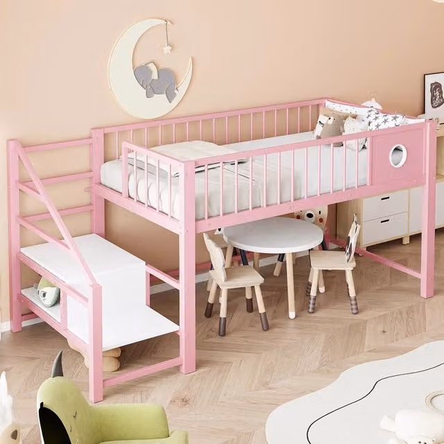 Letto a Soppalco Basso per Bambini con Scala Contenitore ¨C MINIMAL ¨C Rosa, Metallo, 90x200
