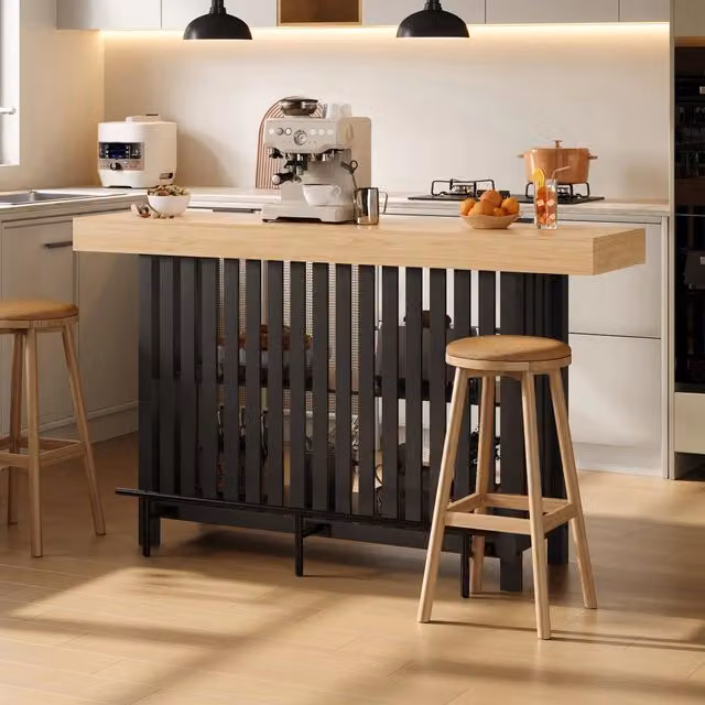 Tavolo da bar salvaspazio 160 × 40 × 105 cm in MDF; nero con piano effetto legno; poggiapiedi e 2 ripiani