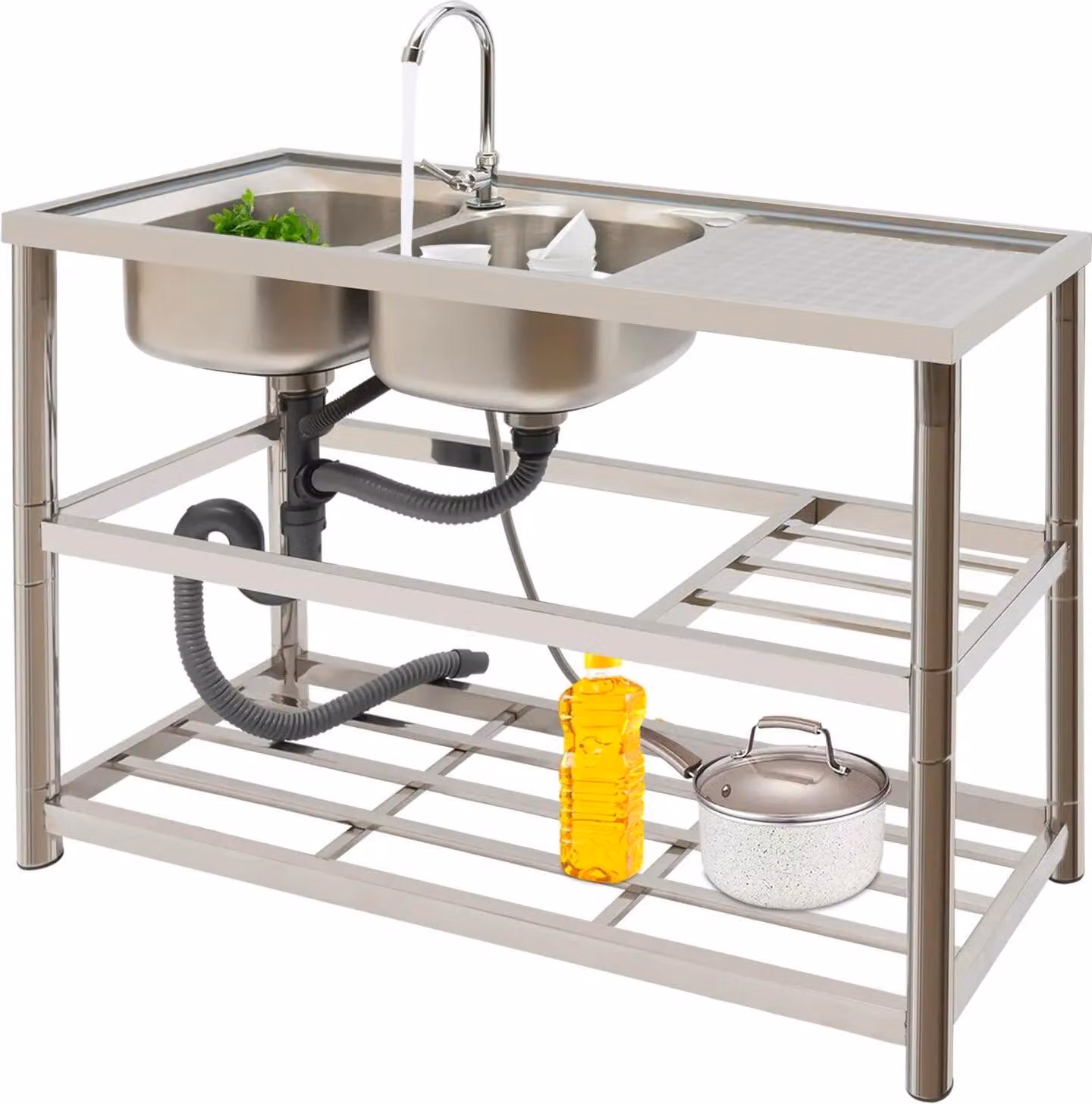 Lavello in acciaio inossidabile - Lavello doppio da appoggio - 120x45x80 cm - Rettangolare - Rubinetto a 360° - Per cucine professionali/ristoranti - Argento