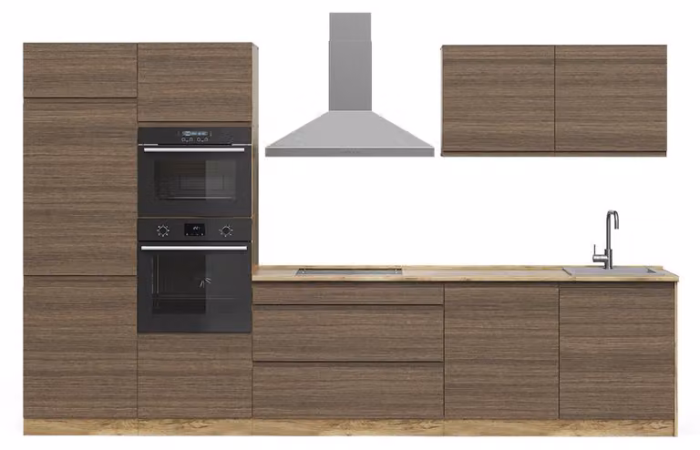 Cucina componibile Vicco R-Line Noce tabacco/Rovere dorato 340 cm piano di lavoro Satin, Model 70598