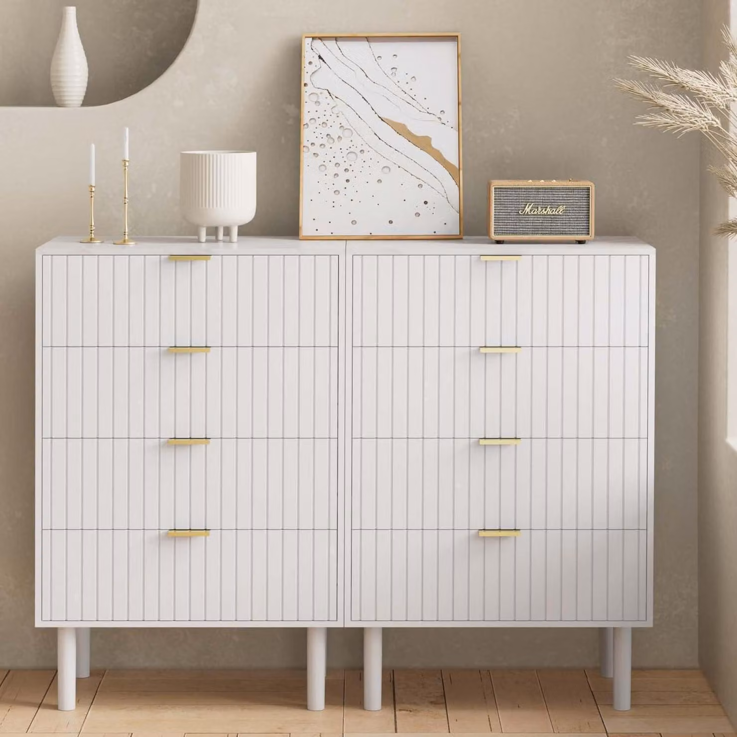 Comodino con 8 cassetti, dimensioni 120 x 34 x 94 cm, aspetto marmorizzato, bianco, set da 2