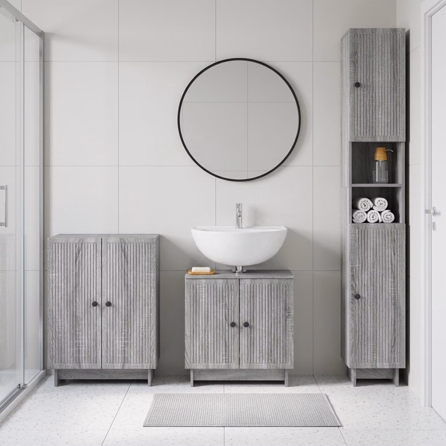 Set di armadietti da bagno moderni vidaXL EDE in 3 pezzi, colore grigio, con mobile sottolavabo e pensili, L/P/H: 190 x 54,9 x 59,5 cm