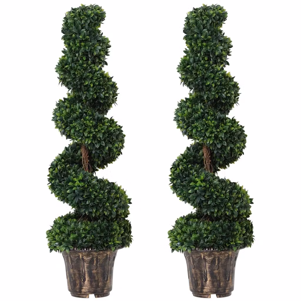 Set di 2 Piante Artificiali di Bosso a Spirale con Vaso Verde per Interni ed Esterni, H: 120 cm, L: 32 cm – 2