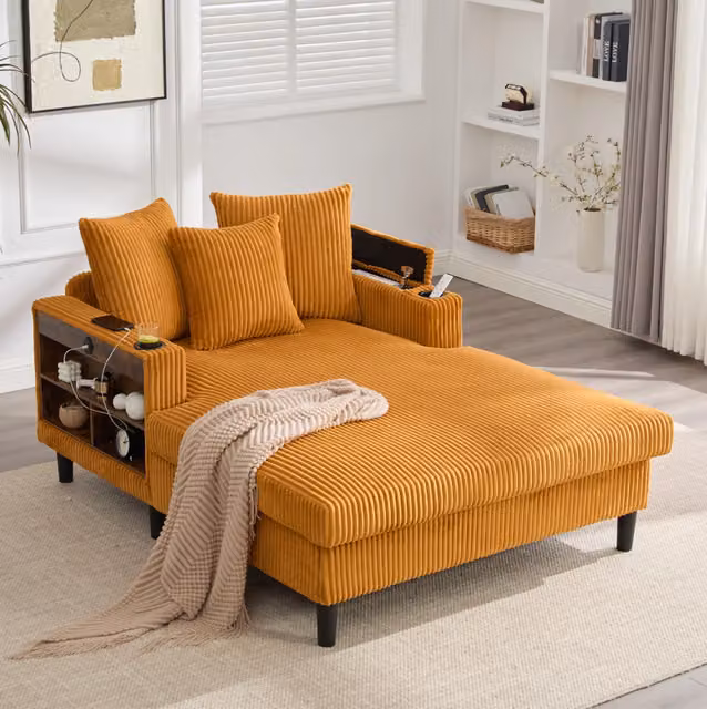 Chaise longue 170x129x70 cm giallo senape, LED e vano contenitore, tessuto a coste con USB