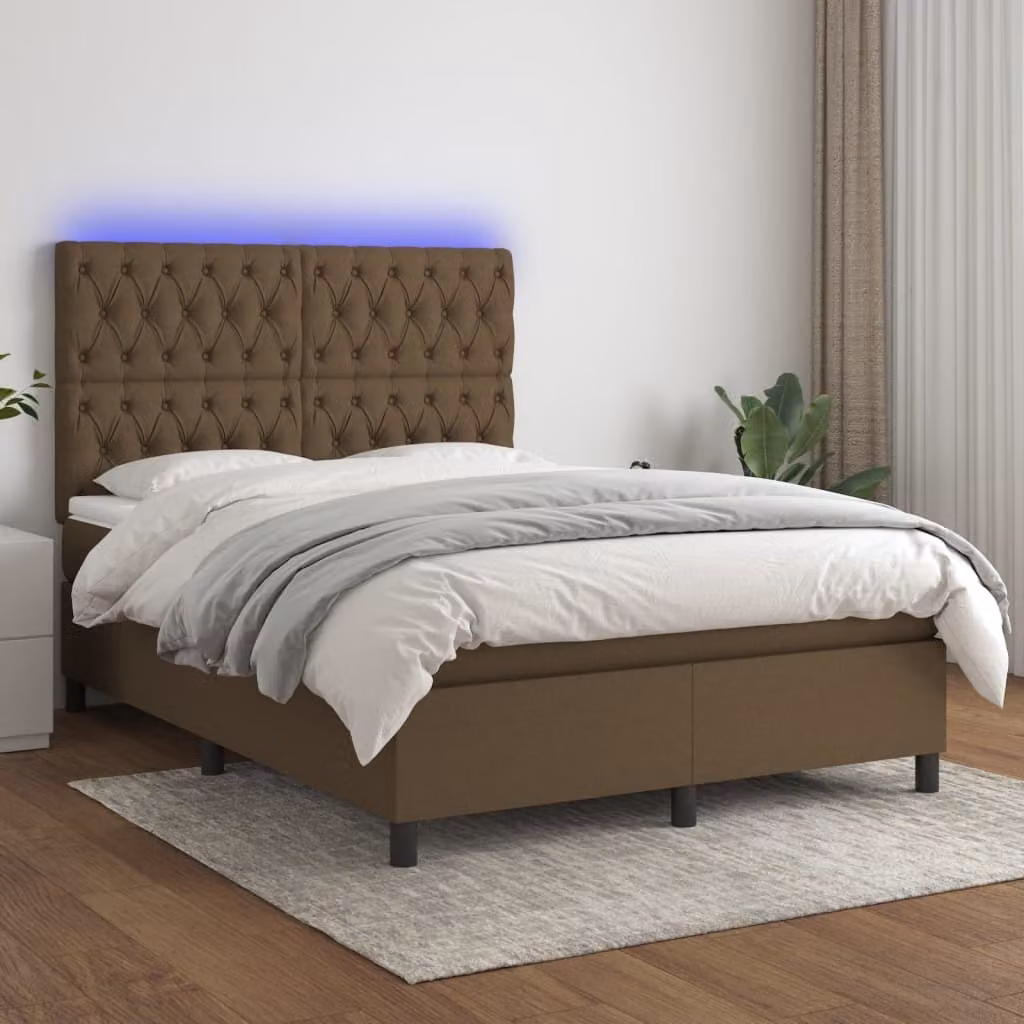 Maison Exclusive - Letto boxspring con materasso e illuminazione a LED, marrone scuro, 140x190 cm, rivestimento in tessuto