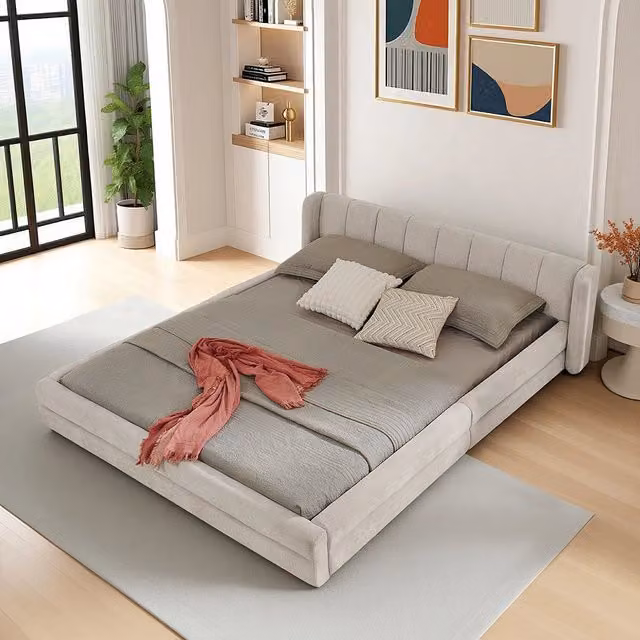 Letto Matrimoniale 140x200cm - Xylo - Testiera Chenille e Struttura Eucalipto/Ferro Beige