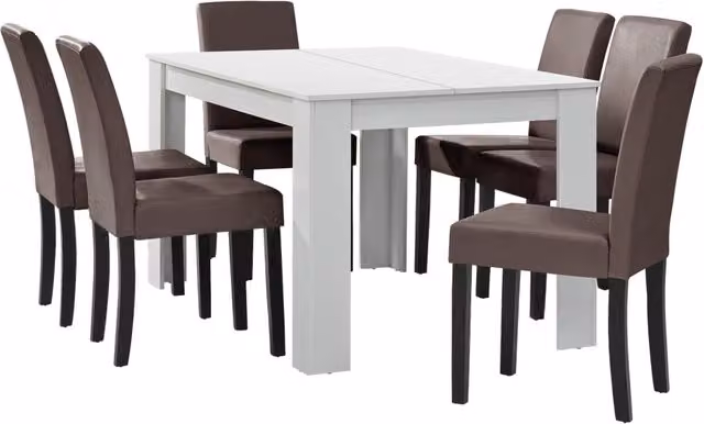 Set Pranzo con Tavolo 140x90 cm e 6 Sedie in Similpelle - Bianco / Marrone [en.casa]