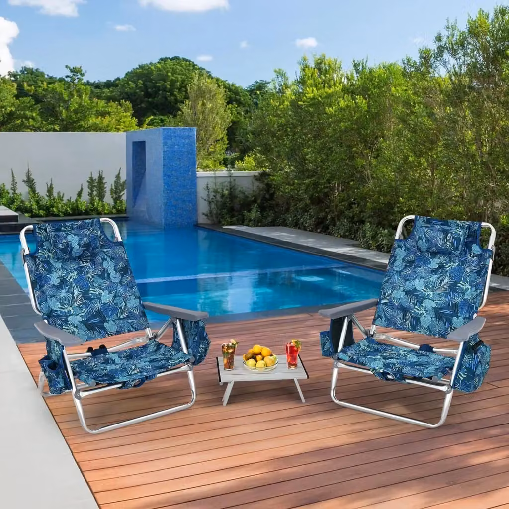 Set di 2 Sedie da Spiaggia Reclinabili a 5 Posizioni e Tavolino in Alluminio COSTWAY, Colore Blu Navy – 2