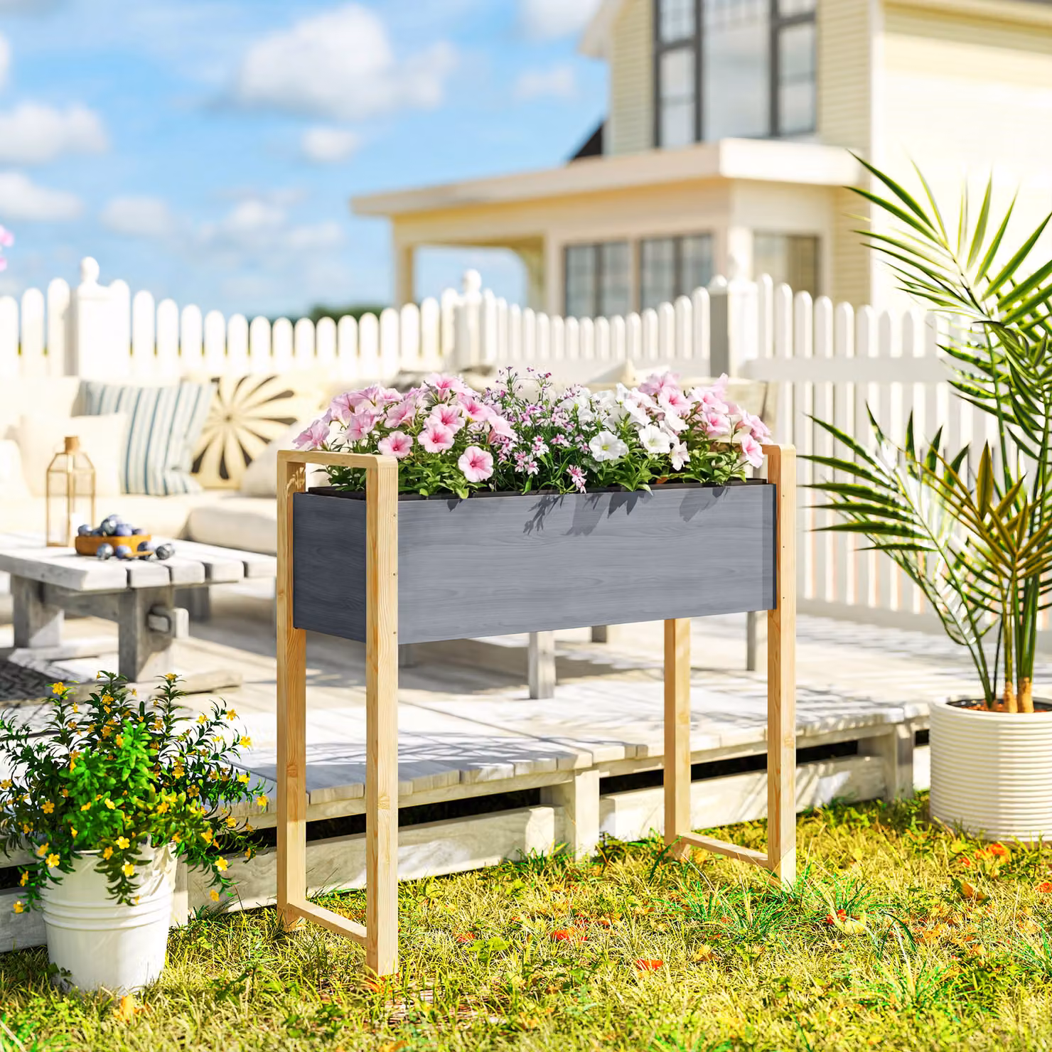 Aiuola rialzata in legno massello Outsunny, letto da piantare e fioriera per piante rampicanti, Grigio e Legno naturale, L 98 cm x P 37 cm x H 90 cm – 2