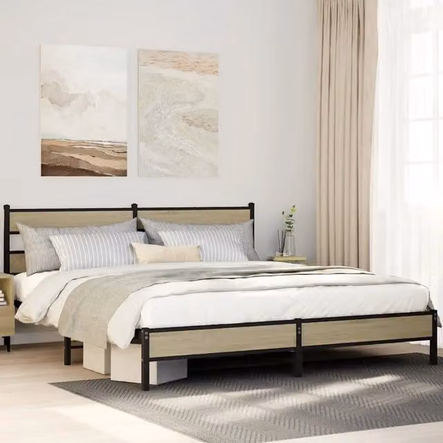 Letto con struttura in metallo e MDF color rovere Sonoma vidaXL L/P/H: 200 x 200 x 91,5 cm