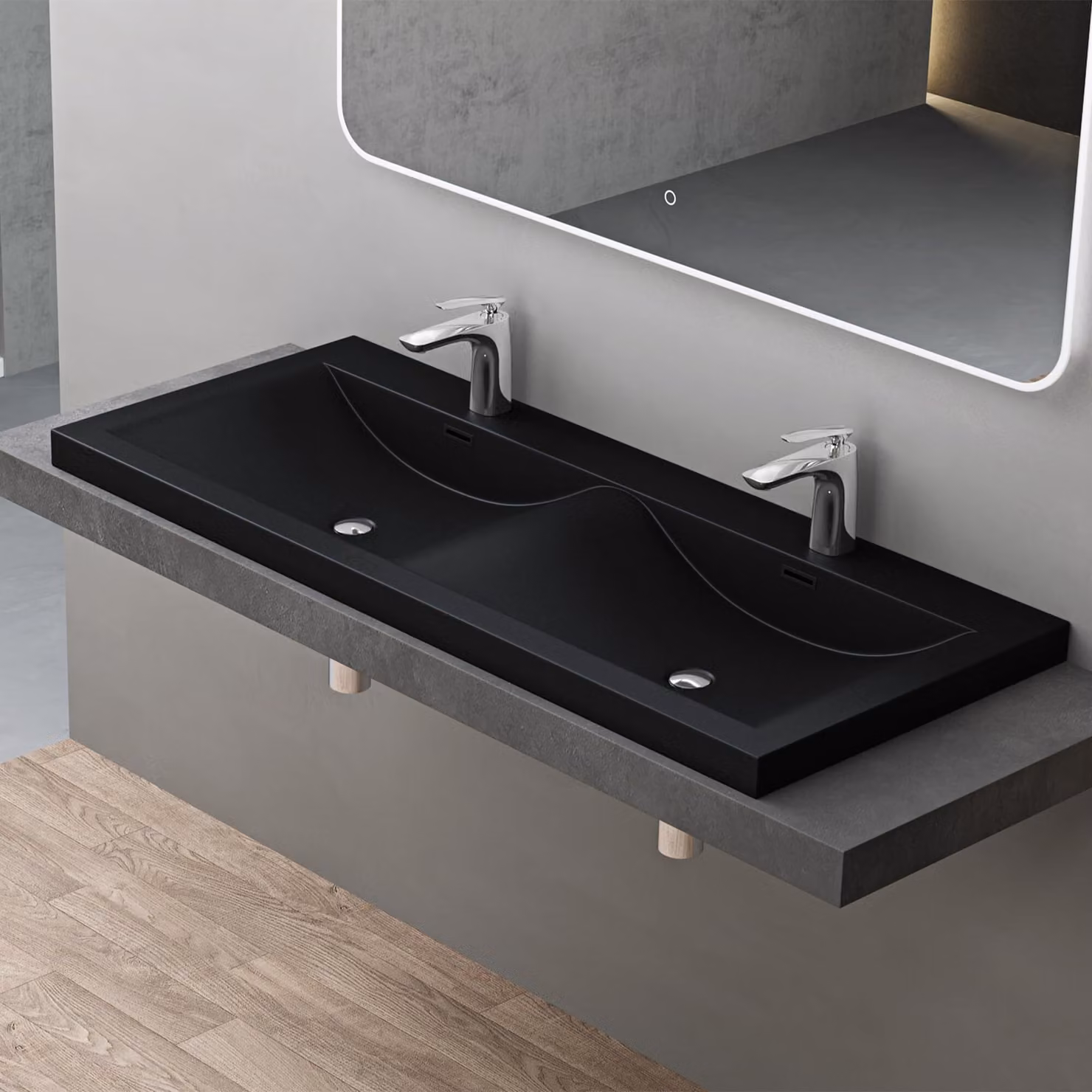 doporro Lavabo da Incasso 120 cm Doppia Vasca in Marmoresina Nero, Lavabo Bagno Integrale Soprapiano con 2 Fori Rubinetto e Troppopieno Colossum03