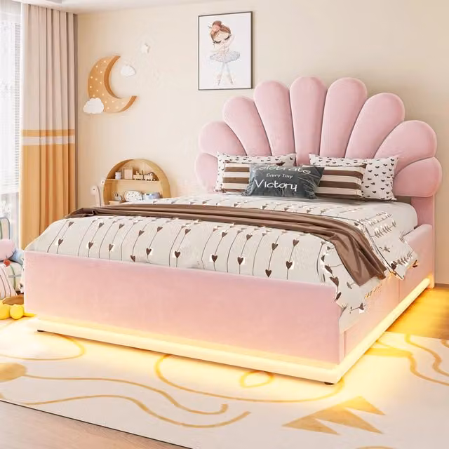 Letto imbottito 140x200 cm con contenitore; LED e testiera a forma di fiore in velluto