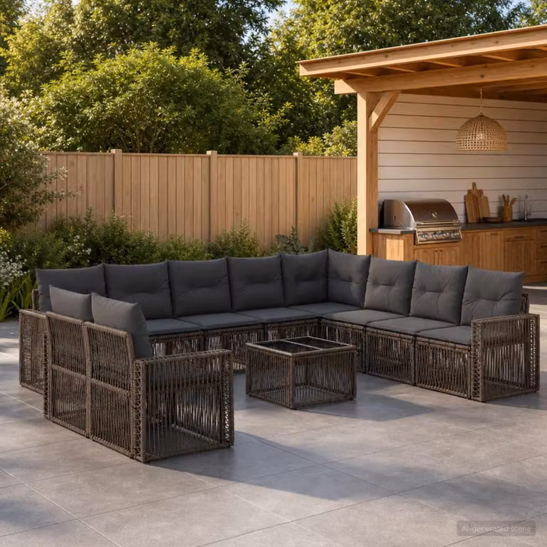 Set Divano da Giardino vidaXL 11 pz a forma di U in Polyrattan Grigio e Antracite con Tavolino e Cuscini Imbottiti