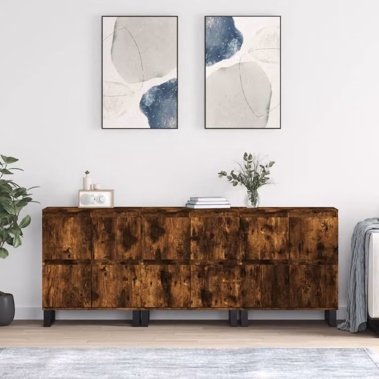 Set di 3 credenze vidaXL in legno multistrato e metallo, colore rovere fumo marrone, L: 180 cm, P: 35 cm, H: 70 cm