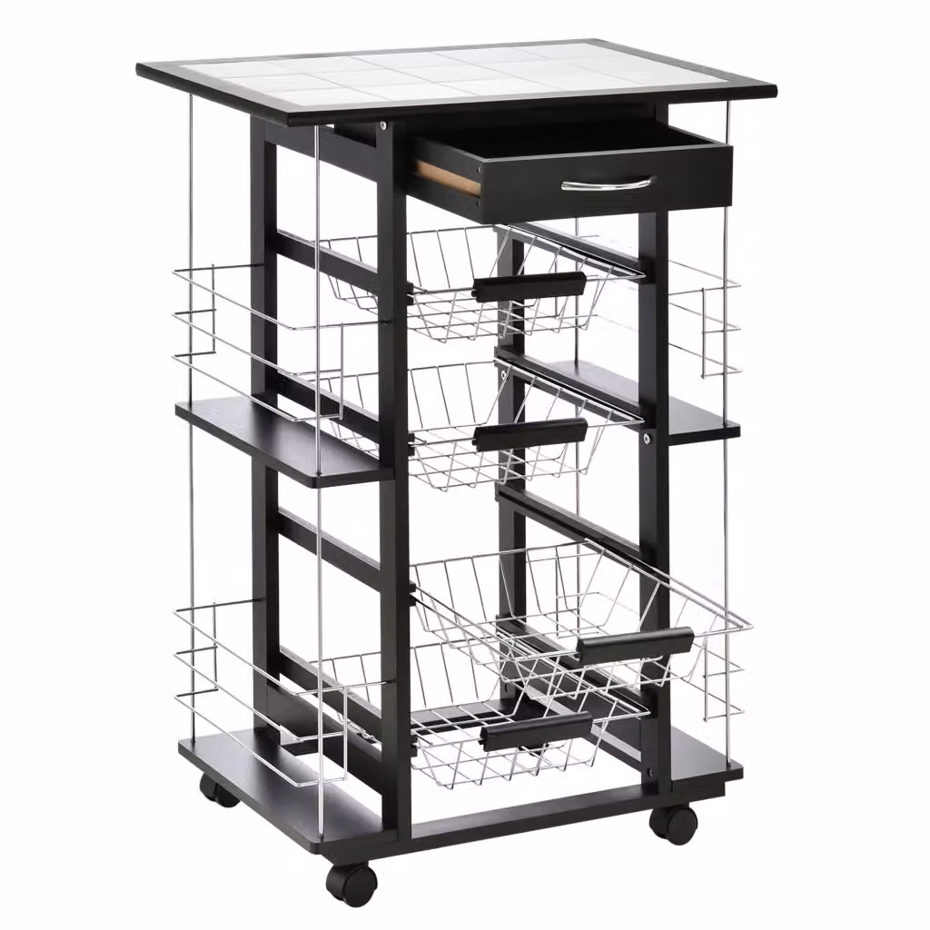 Carrello da cucina Minimal nero con 4 cesti e cassetto in metallo e legno di pino, L: 57 cm, P: 37 cm, H: 83 cm – 2