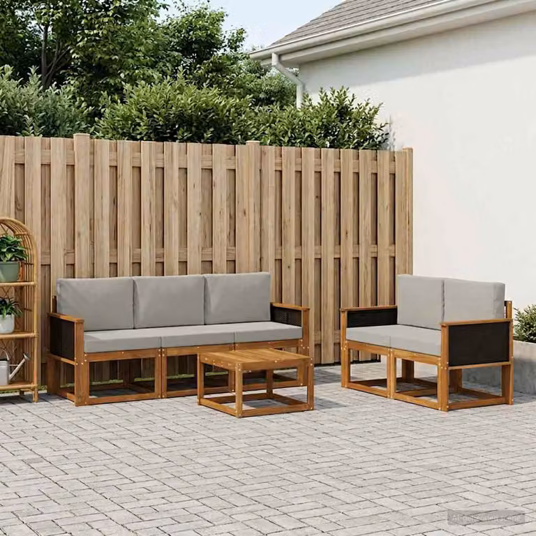 Set di divani da esterno vidaXL in legno di acacia con cuscini, composizione a L con divani e tavolino, beige e grigio