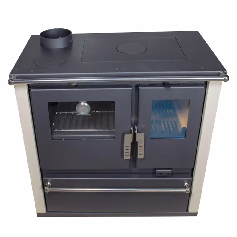 Cucina a legna Verso CS Plus Inox Ivory – 7,7 kW, con forno, piano cottura e vano legna a sinistra – Classe A+