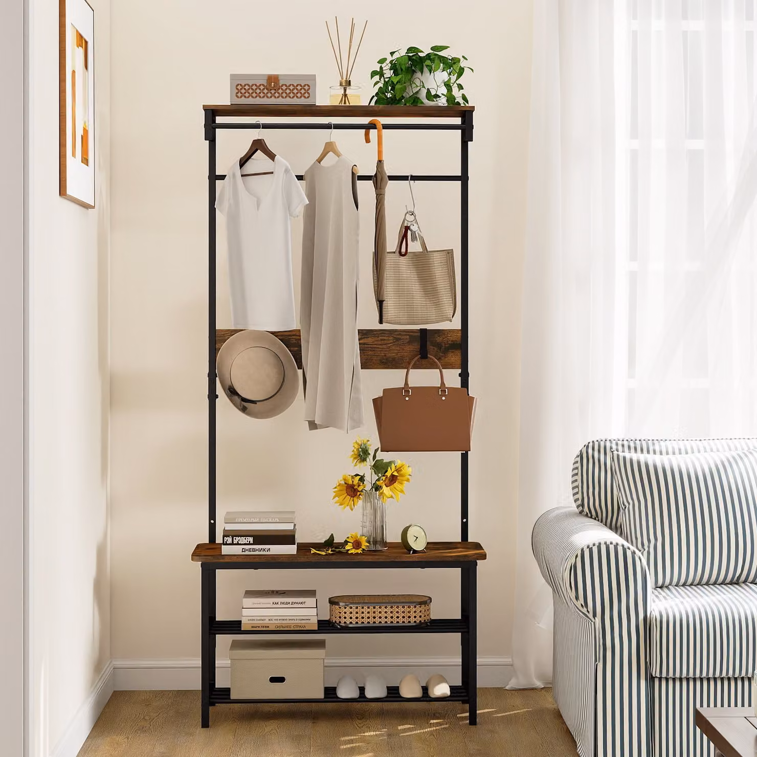 Costway Attaccapanni 5 in 1 con Panca e Scarpiera in Stile Industriale per Ingresso, Colore Nero e Marrone