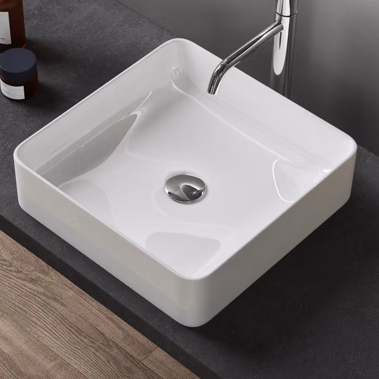 doporro Lavabo Bagno Quadrato Lavabo da Appoggio in Vetroceramica Lavandino con Bordo Sottile 40x40x11 cm Bianco Lucido Lavamani Lavello senza Foro Rubinetto per Guardaroba Bagno Brš¹ssel105