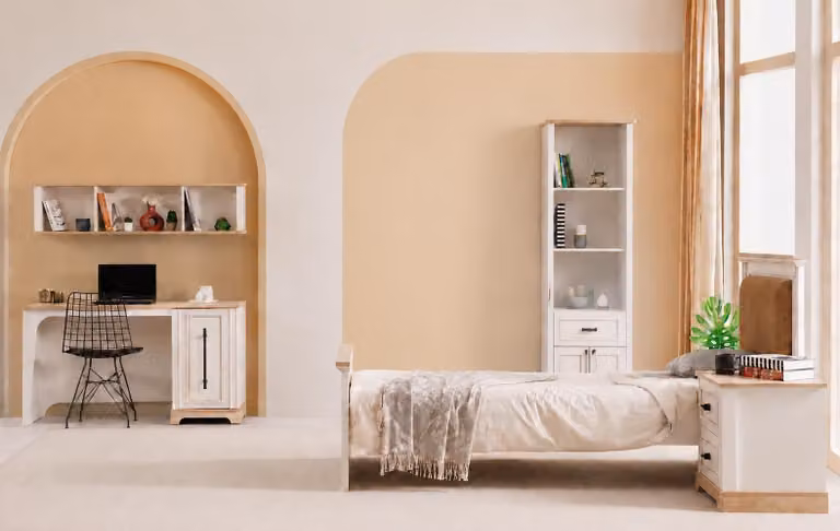 Set per camera da letto per ragazzi: letto, scrivania, comodino, librerie, legno color beige
