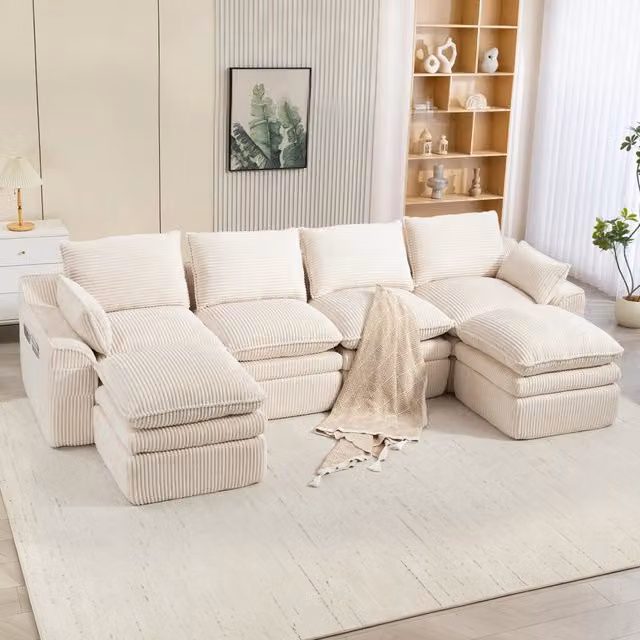 Divano Modulare L Shape MINIMAL a 4 Posti con 2 Pouf e Cuscini in Tessuto Beige
