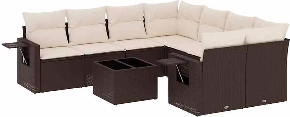 Set Divani da Giardino 9pz con Cuscini Marrone in Polyrattan