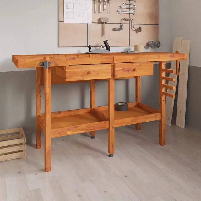 Banco da lavoro con cassetti e morsa vidaXL in legno di acacia marrone L/P/H: 162 x 62 x 83 cm