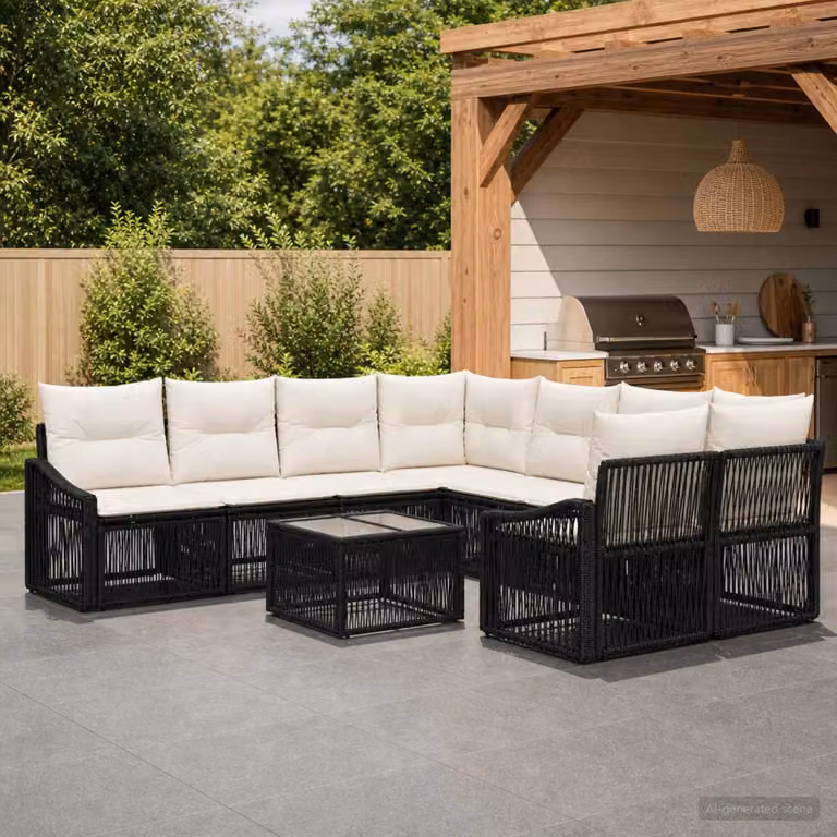 Set Divano da Giardino vidaXL 9 pz in Polyrattan Nero con Cuscini e Tavolino da Esterno
