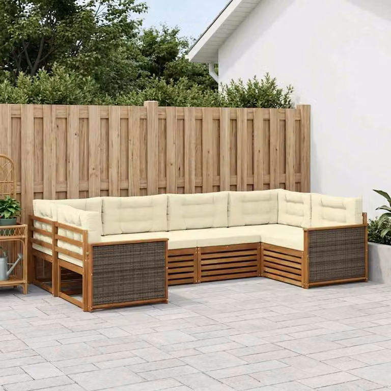 Set di divani da esterno vidaXL 6 pz in legno di acacia con cuscini, forma a L, colori beige, bianco e marrone