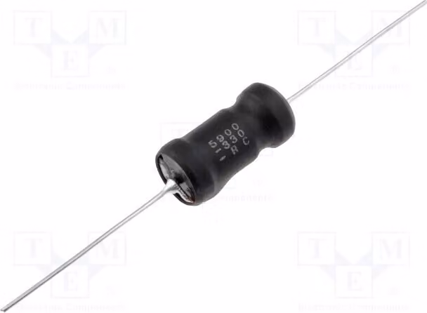 1x Induttore: Ø11,5 x 22,86 mm, tolleranza 10%, serie 5900-104-RC, corrente nominale 65 mA, induttanza 89,7 Ω, 100 mH, per montaggio su circuito stampato (THT)