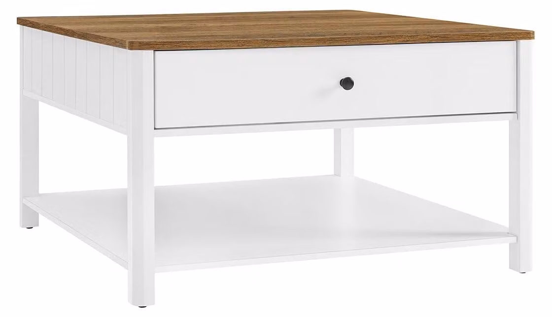 Tavolino con 2 cassetti – realizzato in pannello di particelle e MDF – dimensioni 80 x 80 x 45 cm – colore marrone e bianco
