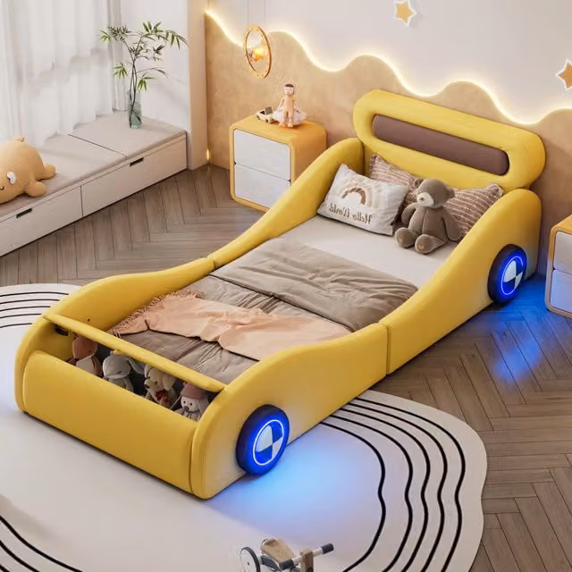 Letto per bambini singolo 90 × 200 cm, ruote luminose regolabili e vano portaoggetti, senza materasso, giallo