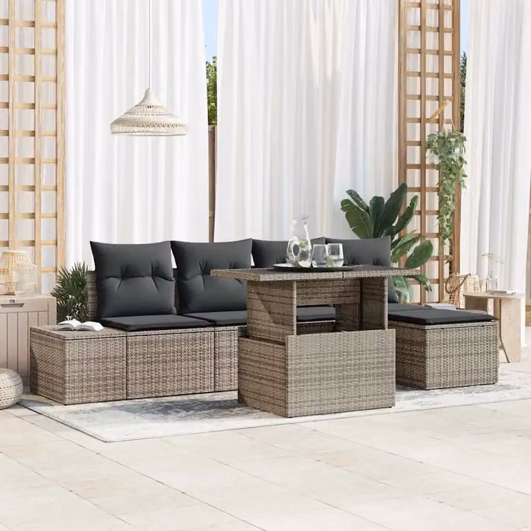 Set Divano da Giardino a L vidaXL 6 Pezzi Grigio con Tavolino e Pouf in Polyrattan e Acciaio