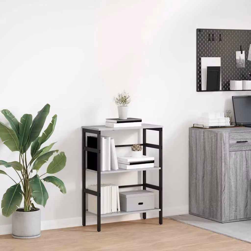 Libreria a 2 livelli vidaXL in stile industrial con legno e metallo, L: 60 cm, P: 29,5 cm, H: 81 cm, Grigio e Nero