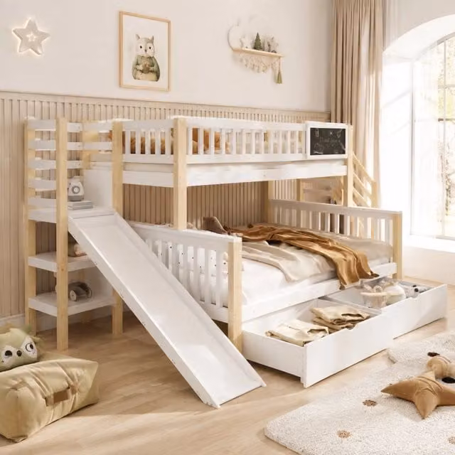 Letto a castello per bambini in legno massello; 90x200/140x200 cm; con scivolo e lavagna; bianco e naturale