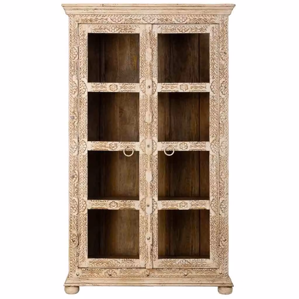 Vetrina in legno di mango intagliato WANDERLUST DECO con ante in vetro, stile etnico floreale, beige, L: 106 cm, P: 43 cm, H: 180 cm – 2