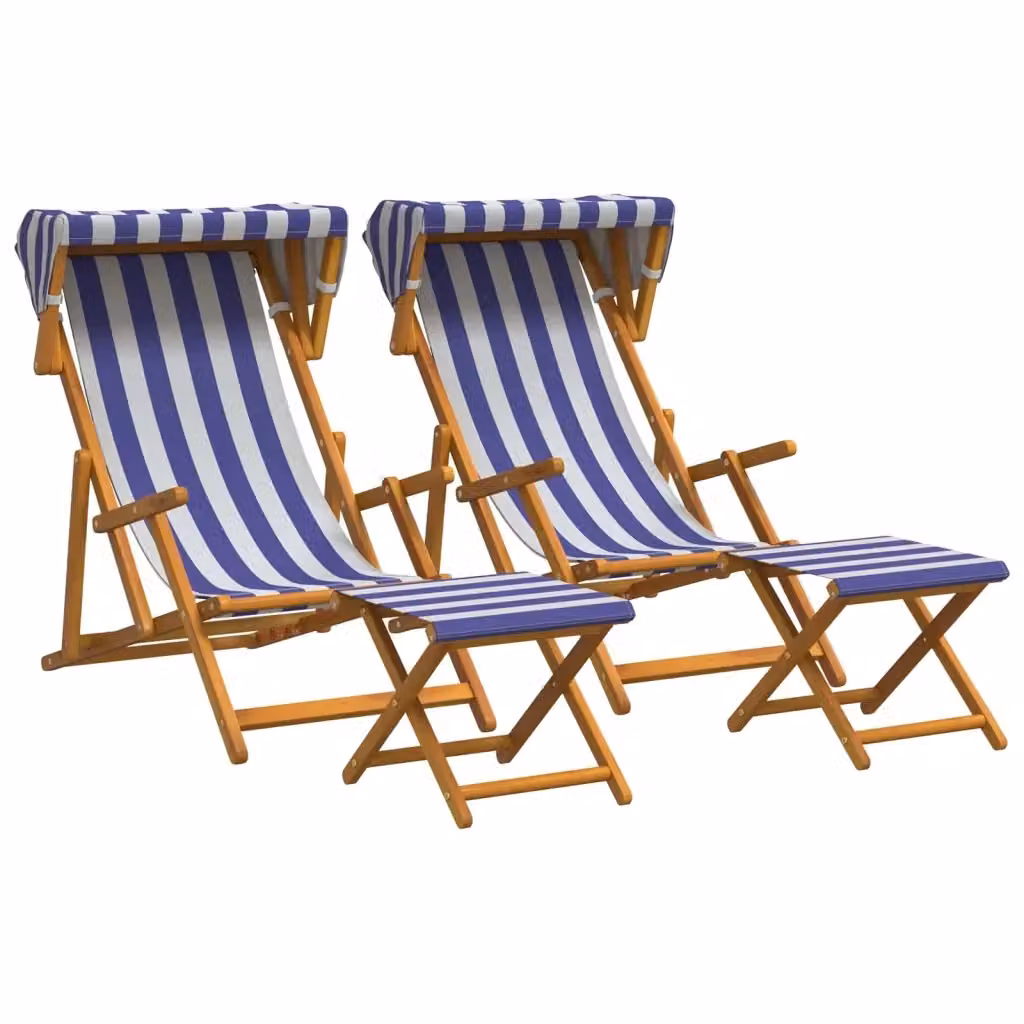 Set di 4 lettini prendisole vidaXL in legno di eucalipto massello oliato con tendalino e poggiatesta regolabile, fantasia a righe blu e bianca – 2